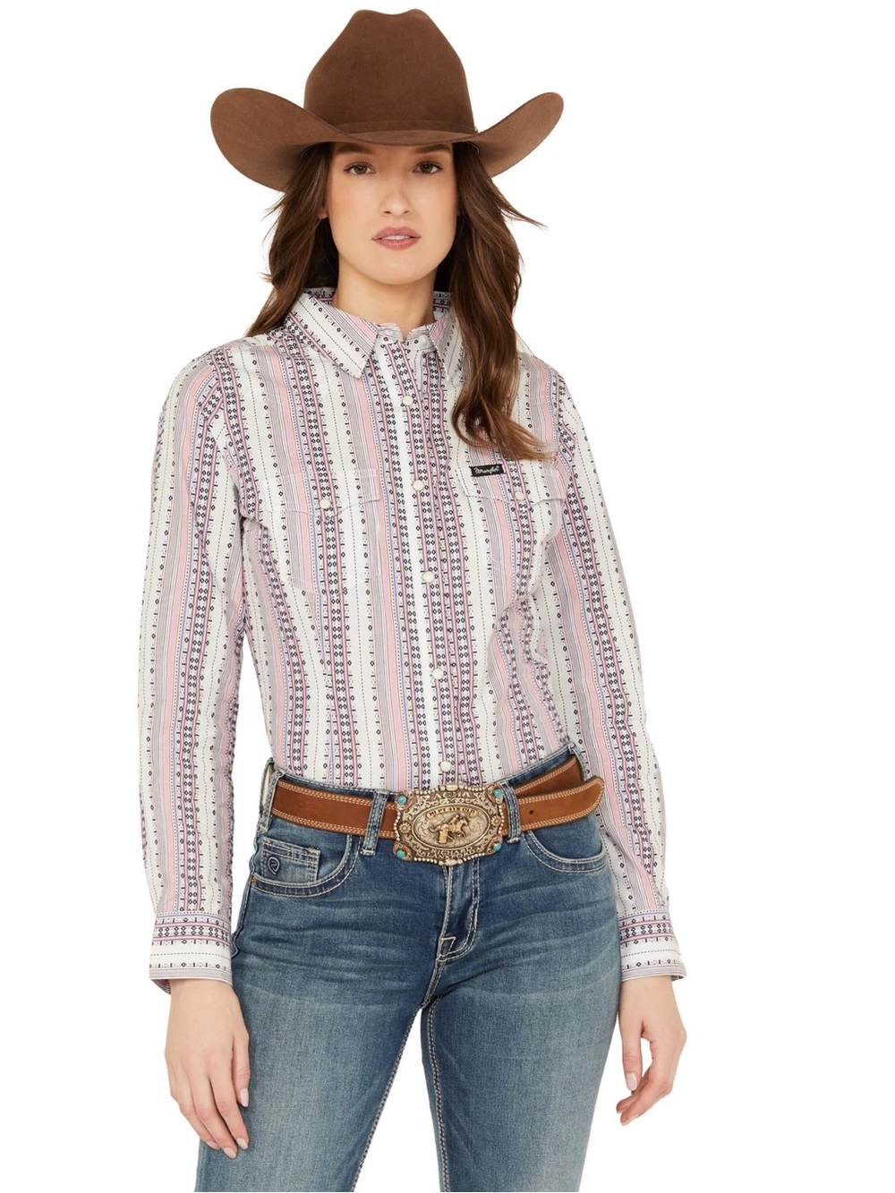 WRANGLER RETRO WOMEN'S STRIPED PRINT LONG SLEEVE SNAP STRETCH WESTERN SHIRT L